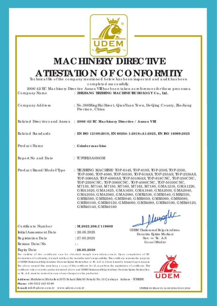 Preview of the UDEM CE certificate document for Tiezheng grinding machines