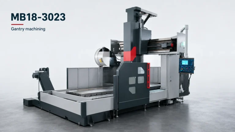 A photo-derived cover shows the MB18-3023 gantry machining center against a clean studio-style background.
