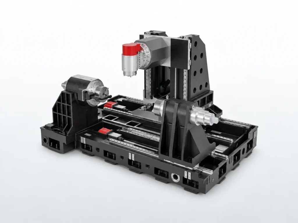 Source-derived illustration of the Tiezheng TNX6510 bare five-axis turn-mill center with exposed spindle assemblies and linear rails.