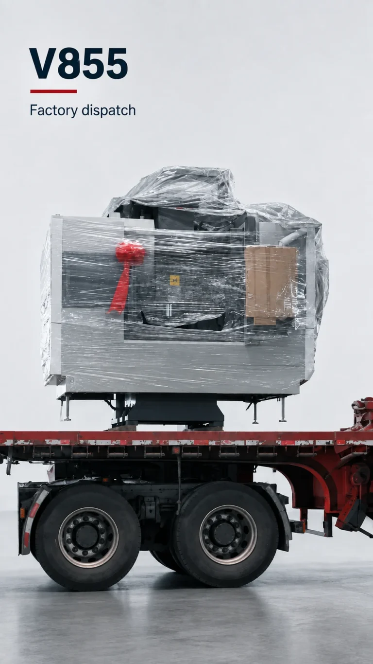 A photo-derived cover shows the wrapped V855 machining center on a truck for factory dispatch.