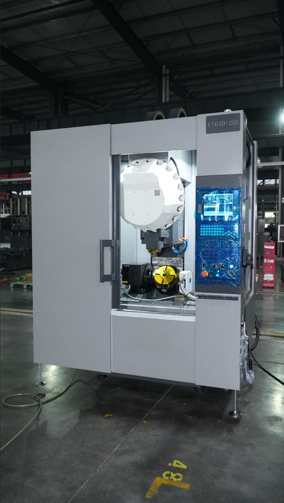 A machine marked VT640+250 stands in a workshop with its machining area and control panel visible.