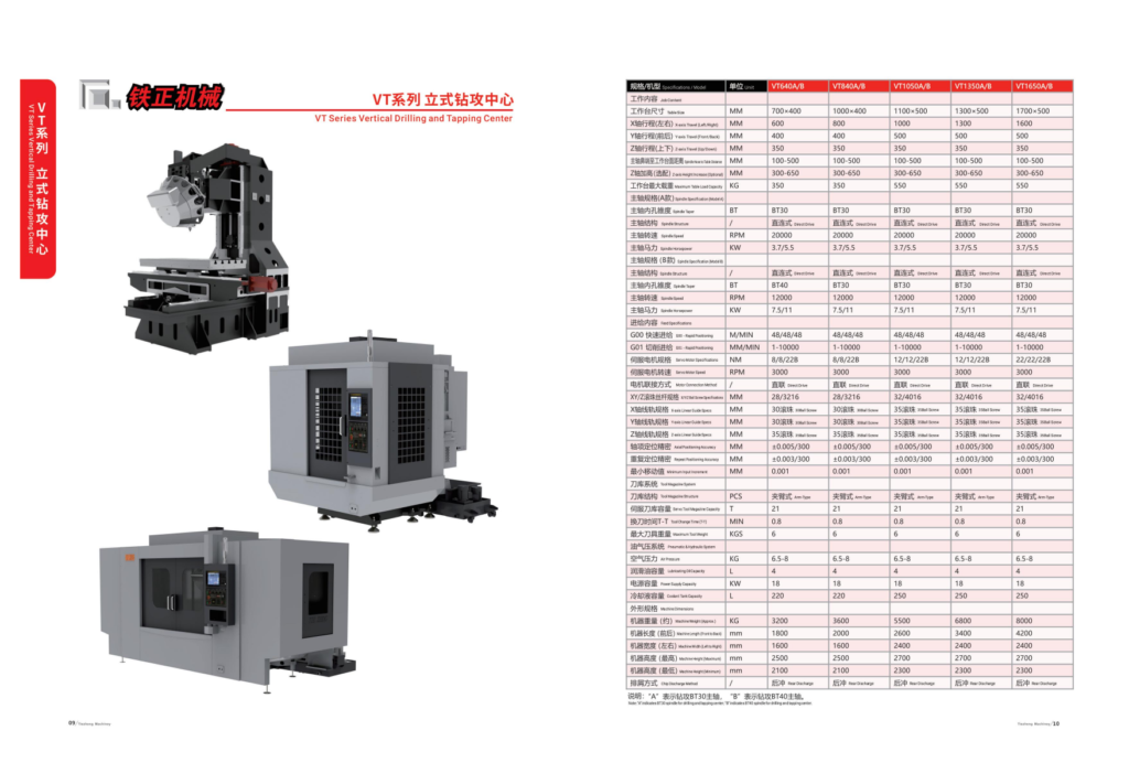 VT-series drilling and tapping center brochure with series illustrations and VT840 A/B specification columns.
